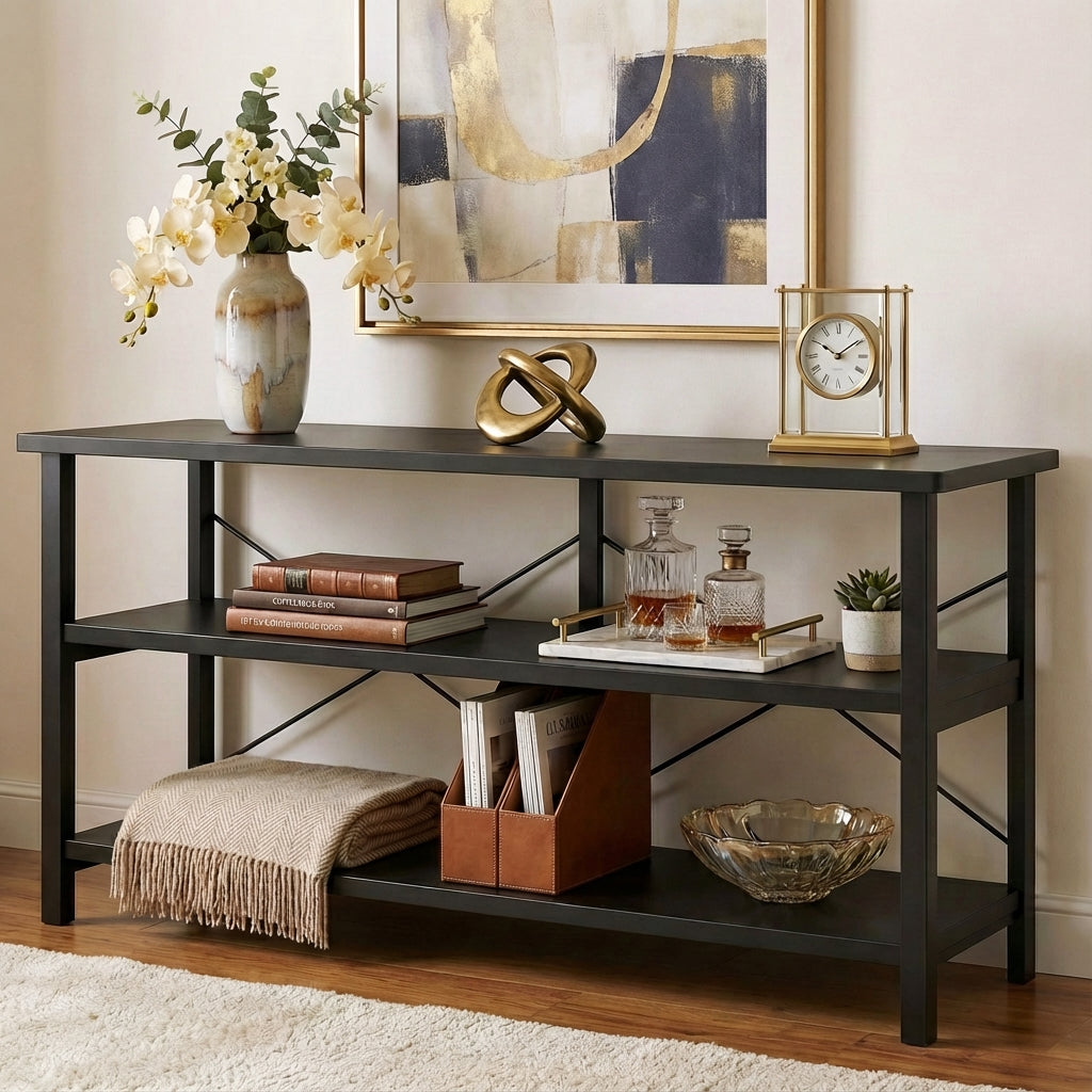 Industrial Console Table TV Stand Bookcase Storage Shelf Unit (Black)