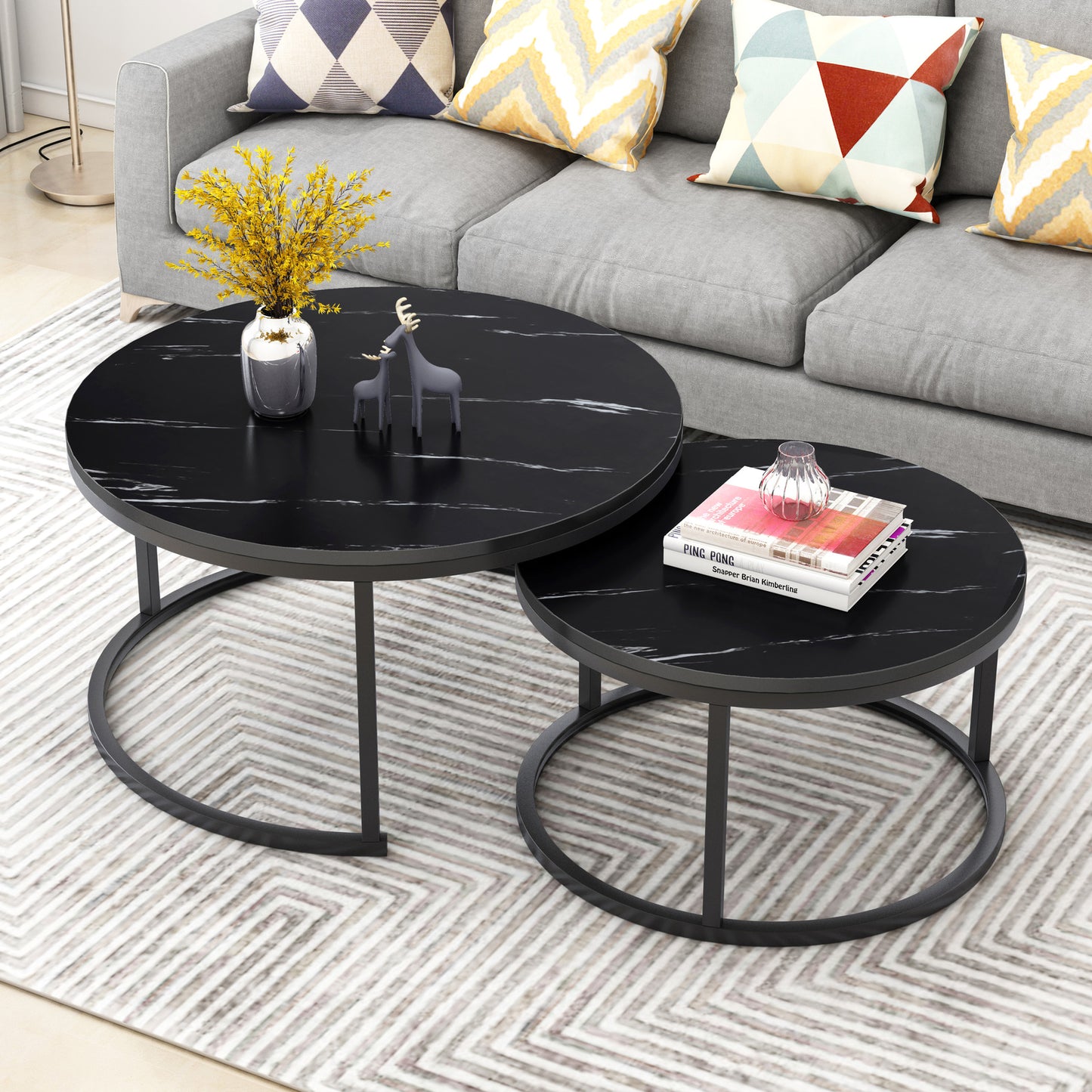 Luxor 2-in-1 Designer Marble Look Nested Coffee Tables Black