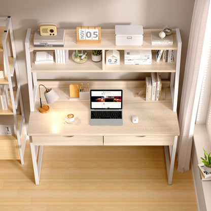 Spacious Office Computer Desk Workstation with Shelves and Drawers White Oak