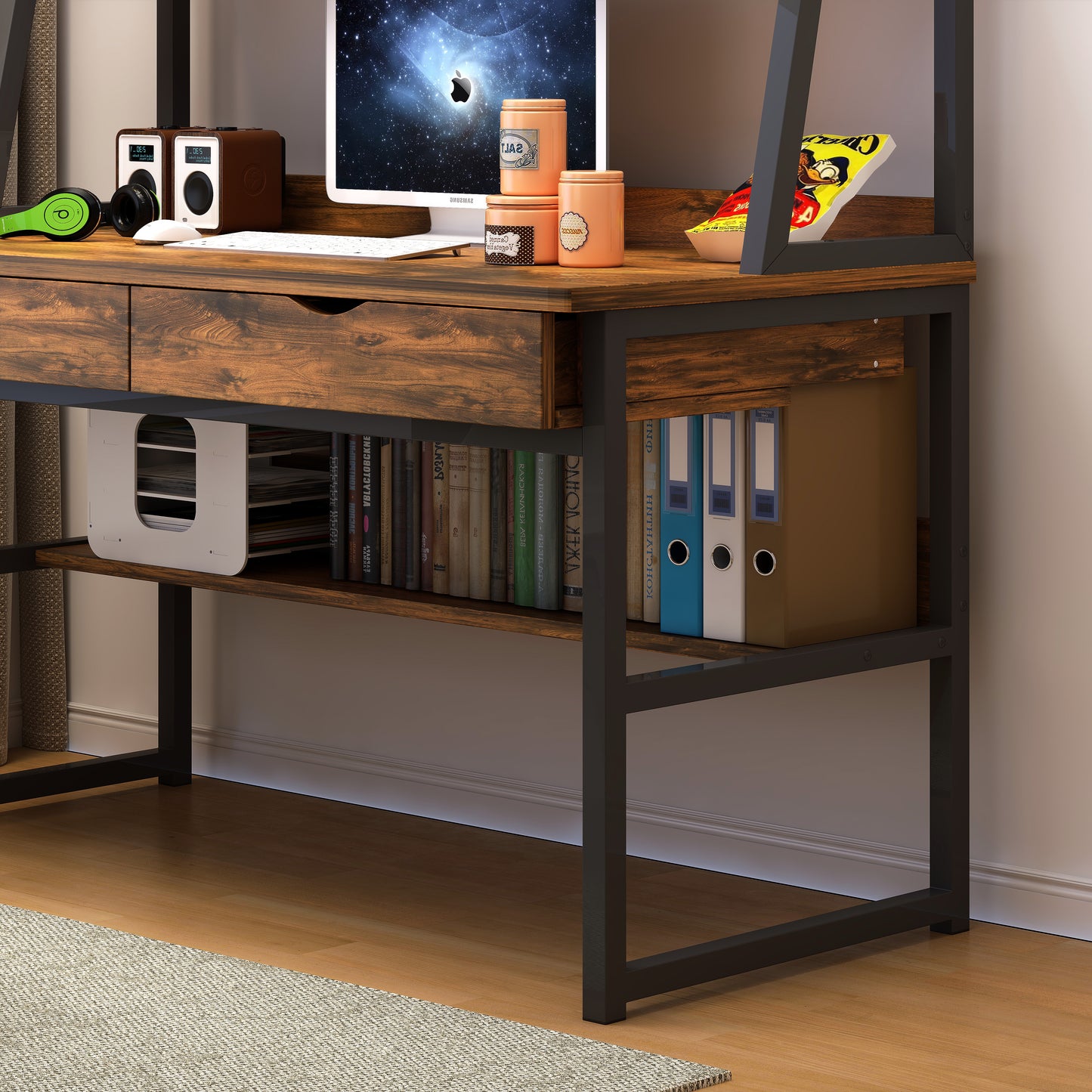 Spacious Office Computer Desk Workstation with Shelves and Drawers Rustic Wood