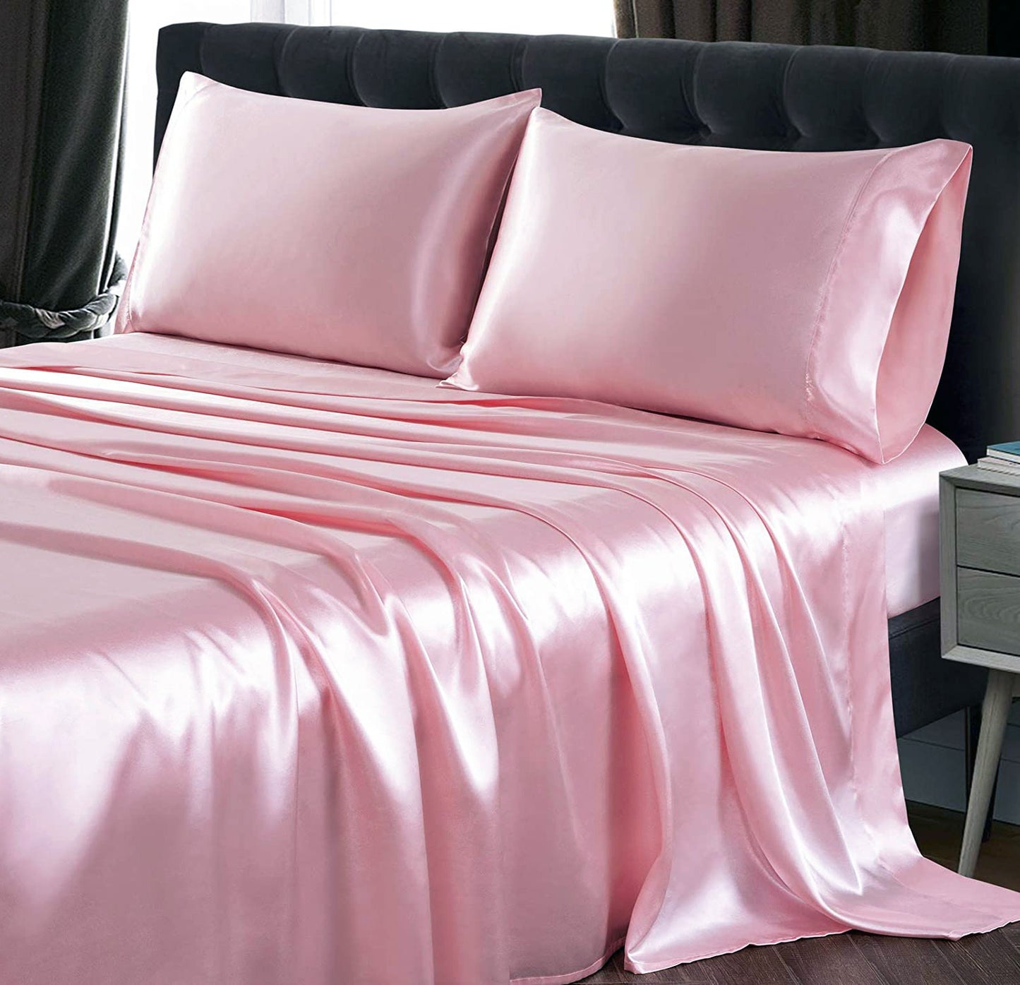 King Size Silky Satin Bed Sheet Set 4-Piece Soft and Smooth Pink