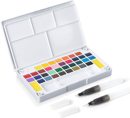 36 Watercolour Paint Palette Set with Fountain Brush Pens Portable Art Supplies