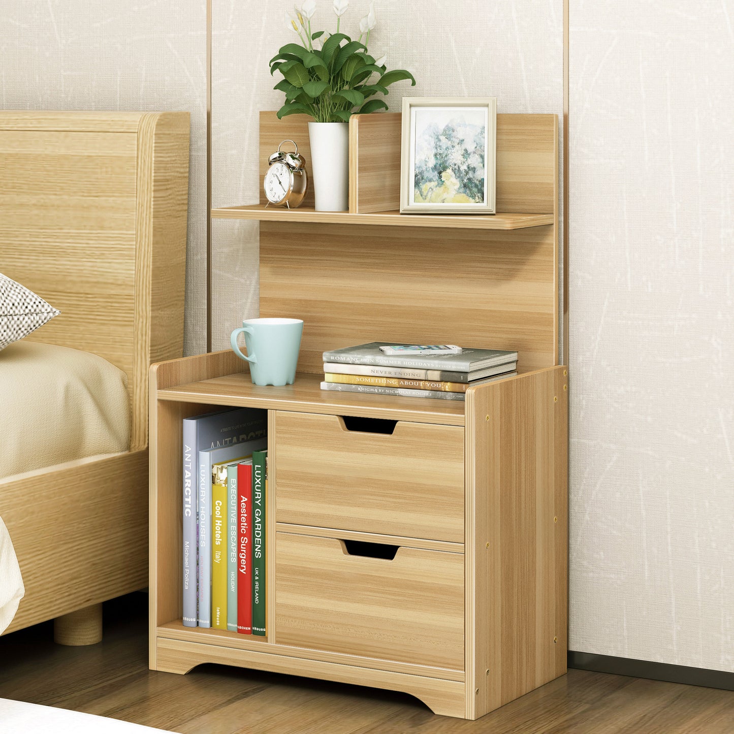 Elegant Oak Bedside Table with Drawers and Shelf