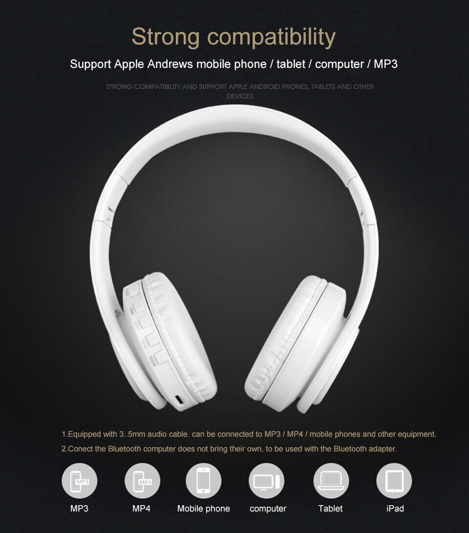 3D Stereo Noise Reduction Bluetooth Wireless Headphones White