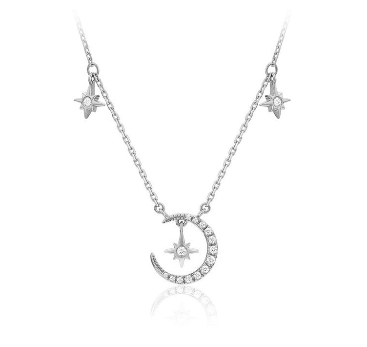 Elegant Sterling Silver Moon and Stars CZ Diamond Necklace