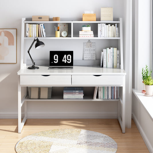 Spacious Office Computer Desk Workstation with Shelves and Drawers White