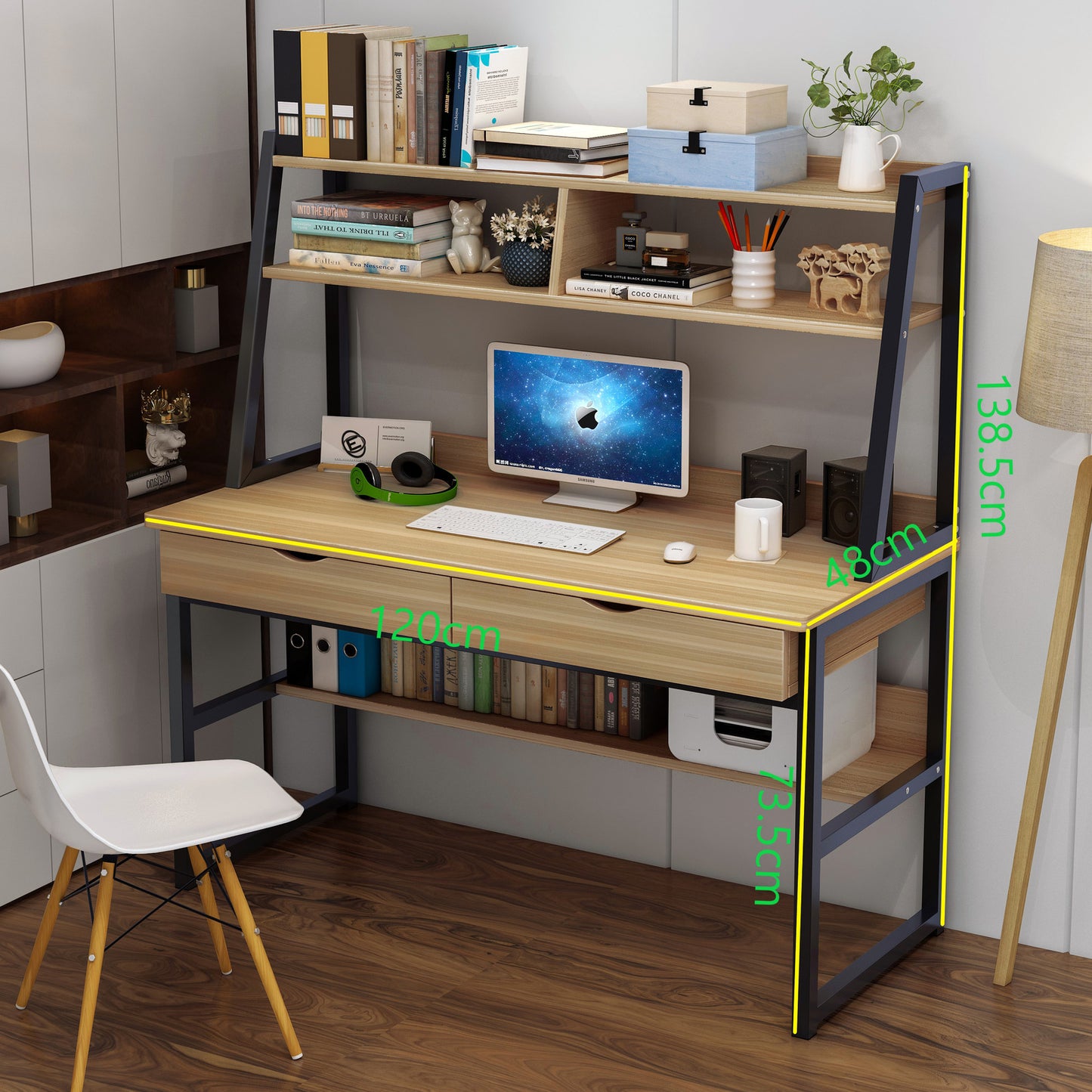 Spacious Office Computer Desk Workstation with Shelves and Drawers - Oak