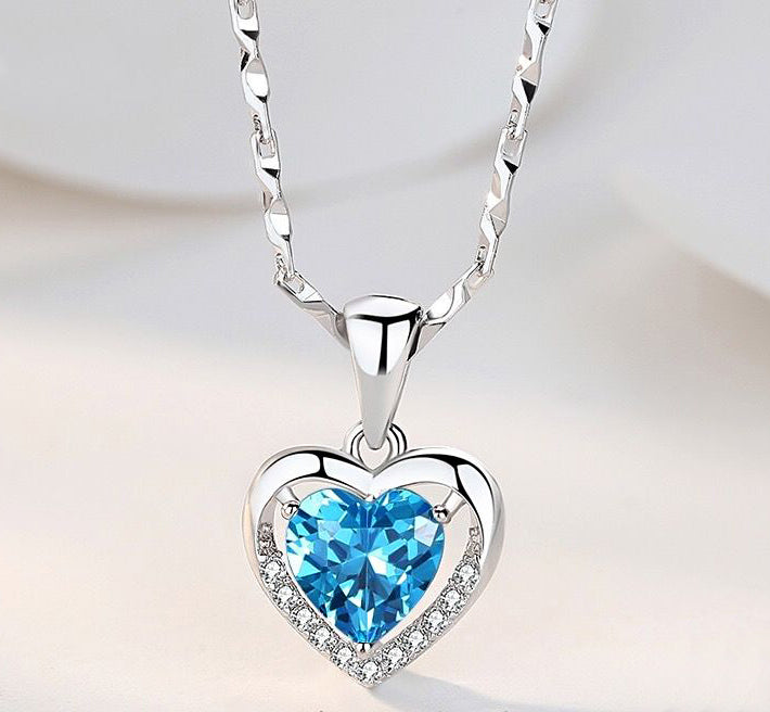 Elegant Sterling Silver Heart Pendant Necklace with Blue CZ Diamond