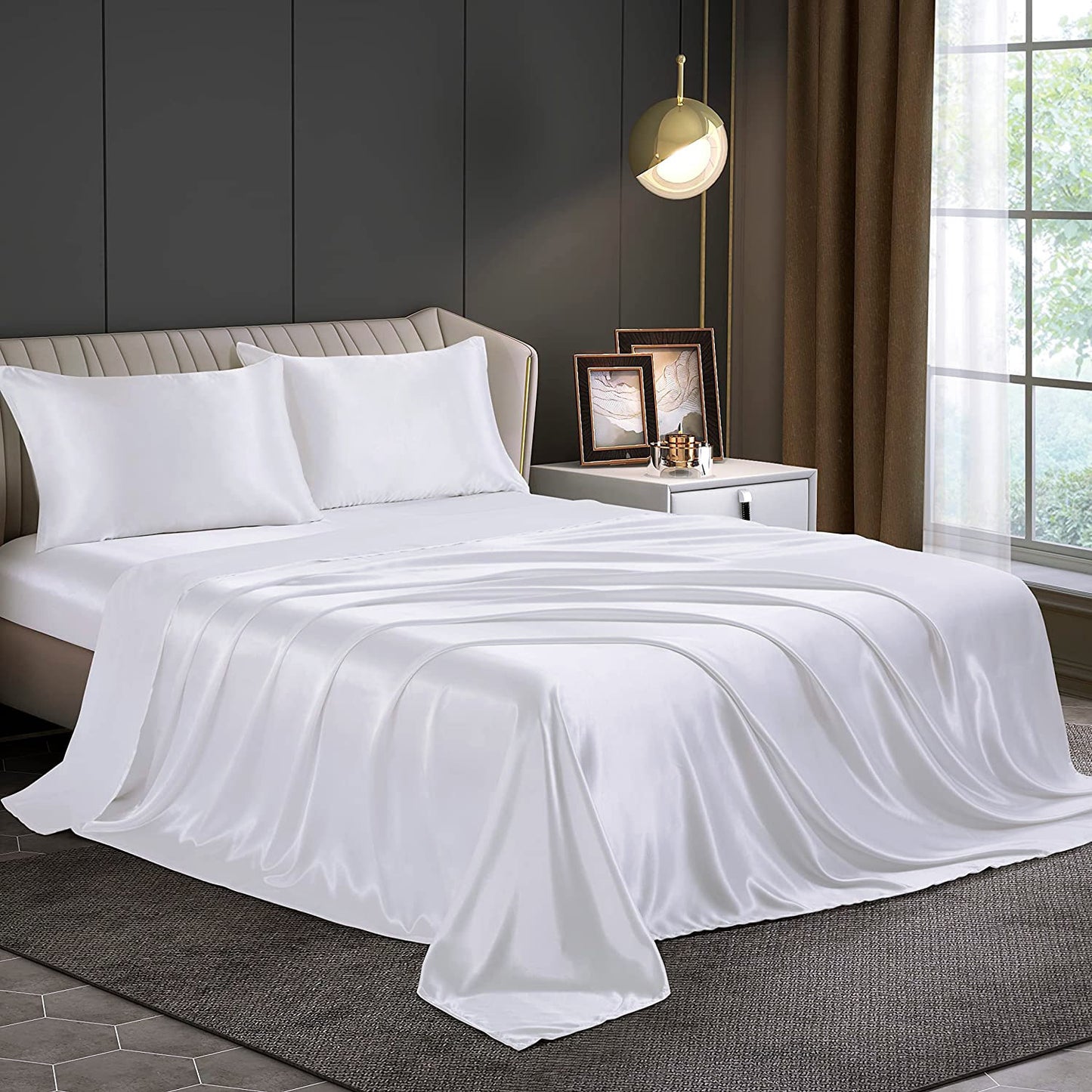 Queen Silky Satin Bed Sheet Set Soft and Smooth White