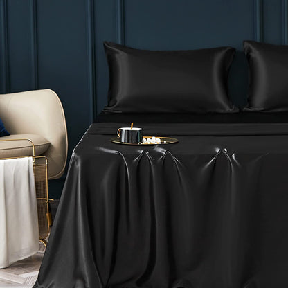 King Size Silky Satin Bed Sheet Set Luxurious Soft Bedding Black