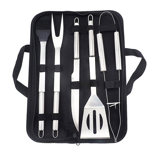 6PC Stainless Steel BBQ Utensil Set with Carrying Bag for Outdoor Grilling