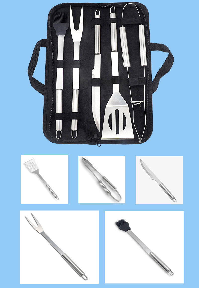 6PC Stainless Steel BBQ Utensil Set with Carrying Bag for Outdoor Grilling