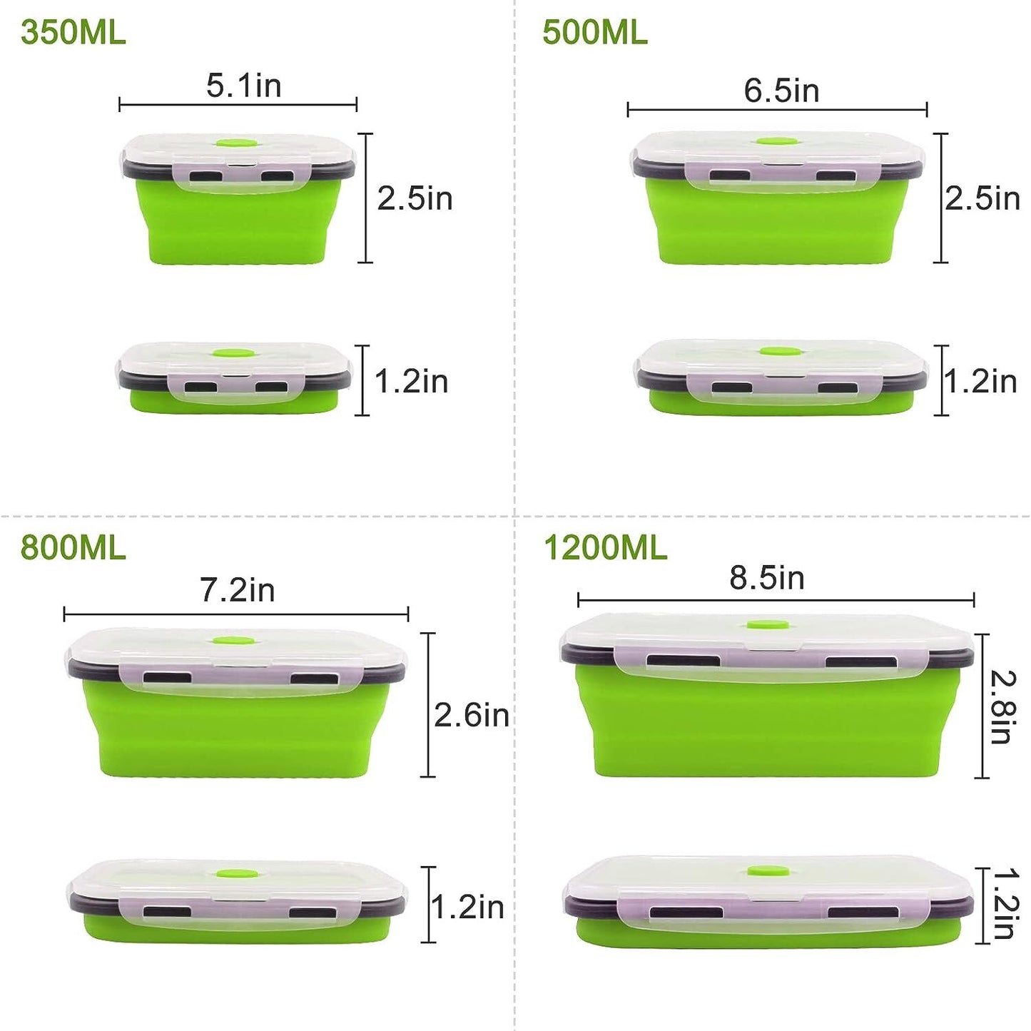 Pack of 4 Collapsible Silicone Food Storage Containers with Airtight Lid Green