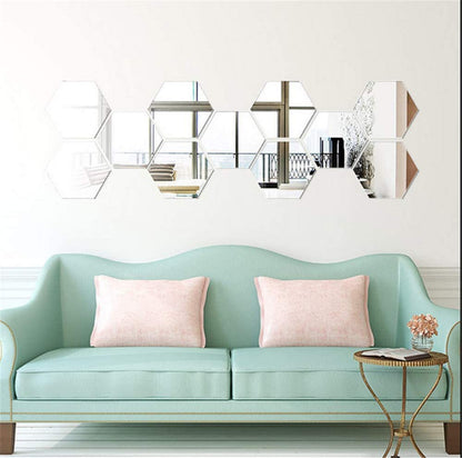 12PC Hexagonal Mirror Wall Stickers Decorative Home Art