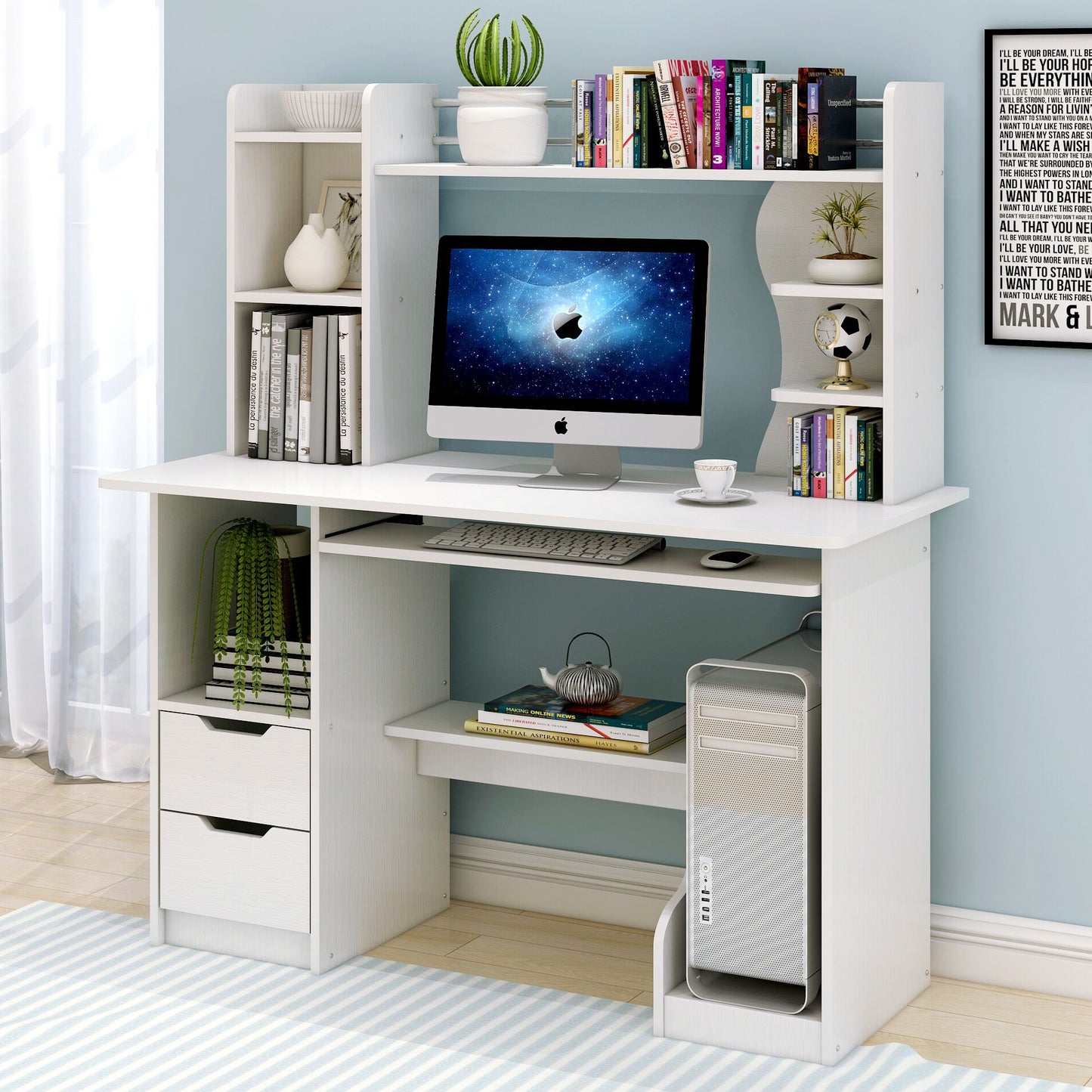 Stylish Computer Desk Home Office Workstation with Shelf and Cabinet White