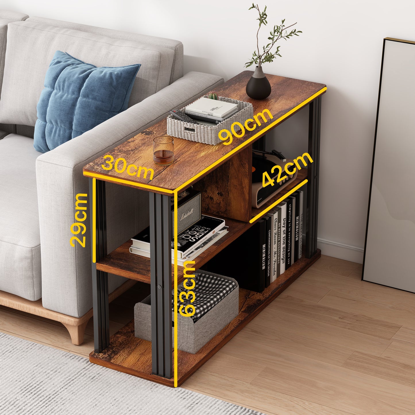 Rustic Wood and Steel Sofa Side Table with Shelves