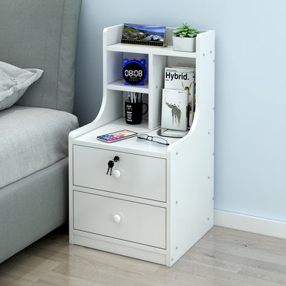 Tall 2-Drawer Bedside Table with Chest and Shelf White