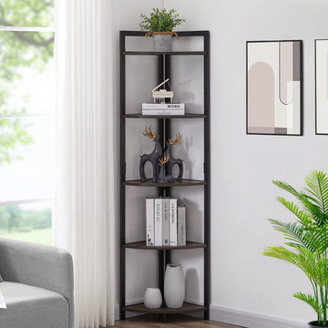 5 Tier Wood and Steel Corner Shelf Organizer Unit (Rustic Grey)
