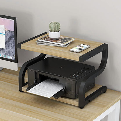 Rustic Wood and Steel Desktop Shelf Printer Stand Storage Organizer (Oak)