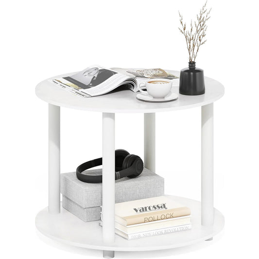 Minimalist Wood & Metal White Round Coffee Table with Storage Shelf