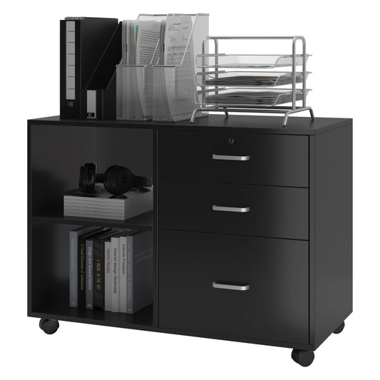 Stylish Utility Side Table with 3 Drawers and Shelf on Wheels Black