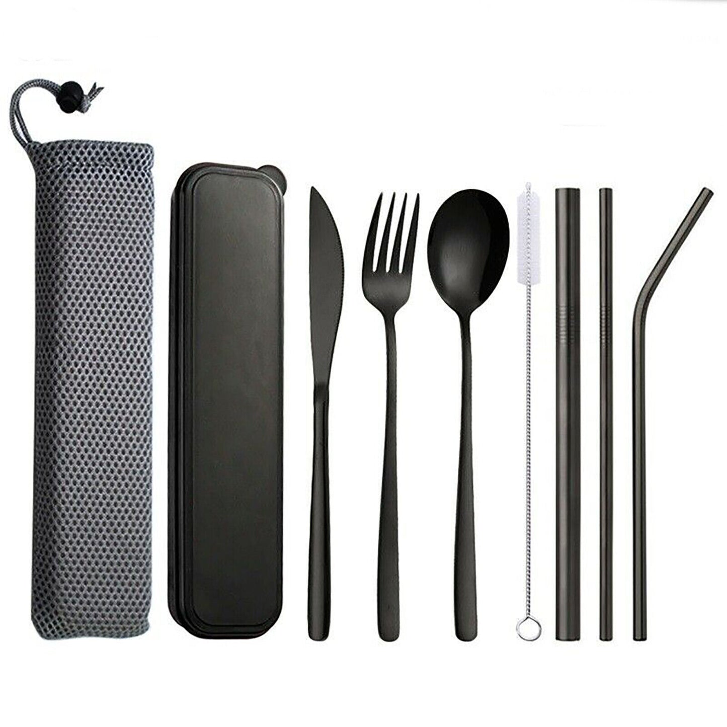 Premium 9PC Stainless Steel Travel Cutlery Set Knife Fork Spoon Straws Black