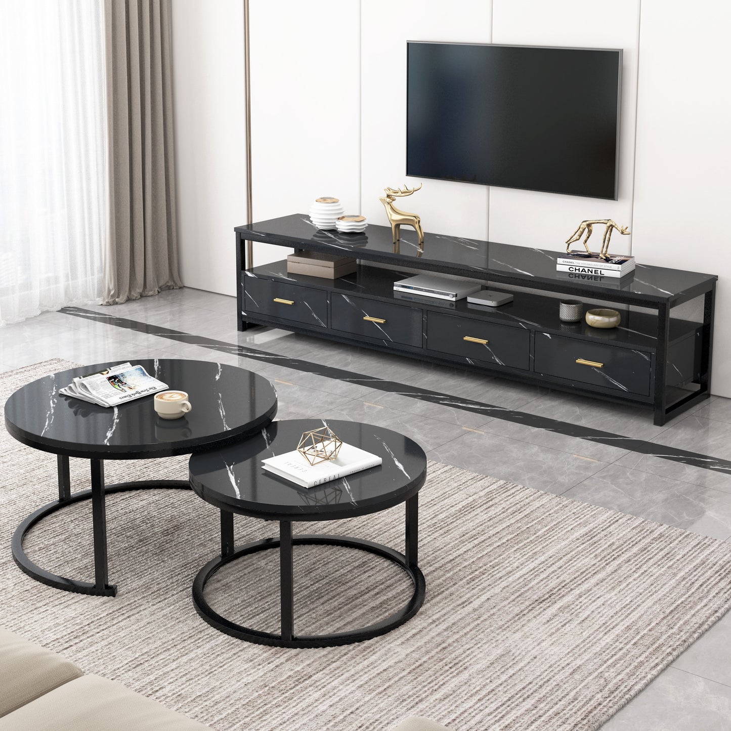 Luxor 3-Piece Living Room Set: Nested Coffee Tables, Side Table & TV Unit Black