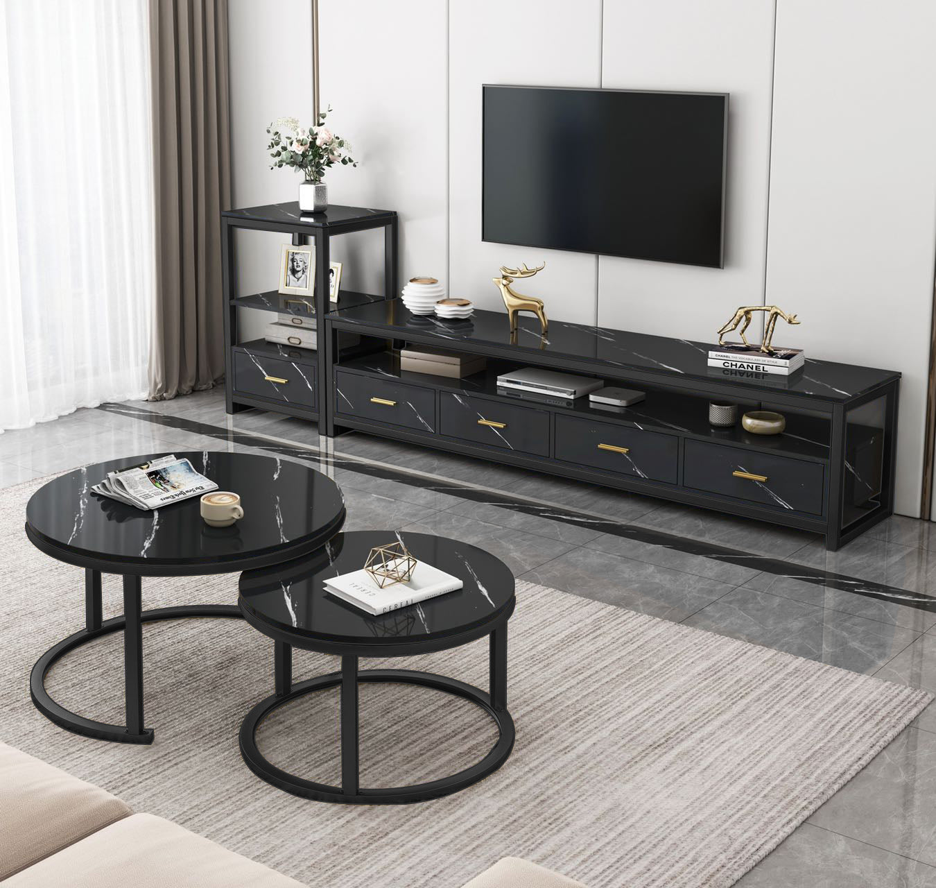 Luxor 3-Piece Living Room Set: Nested Coffee Tables, Side Table & TV Unit Black