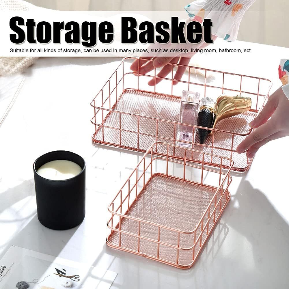 Elegant Rose Gold Metal Storage Basket Desktop Organizer