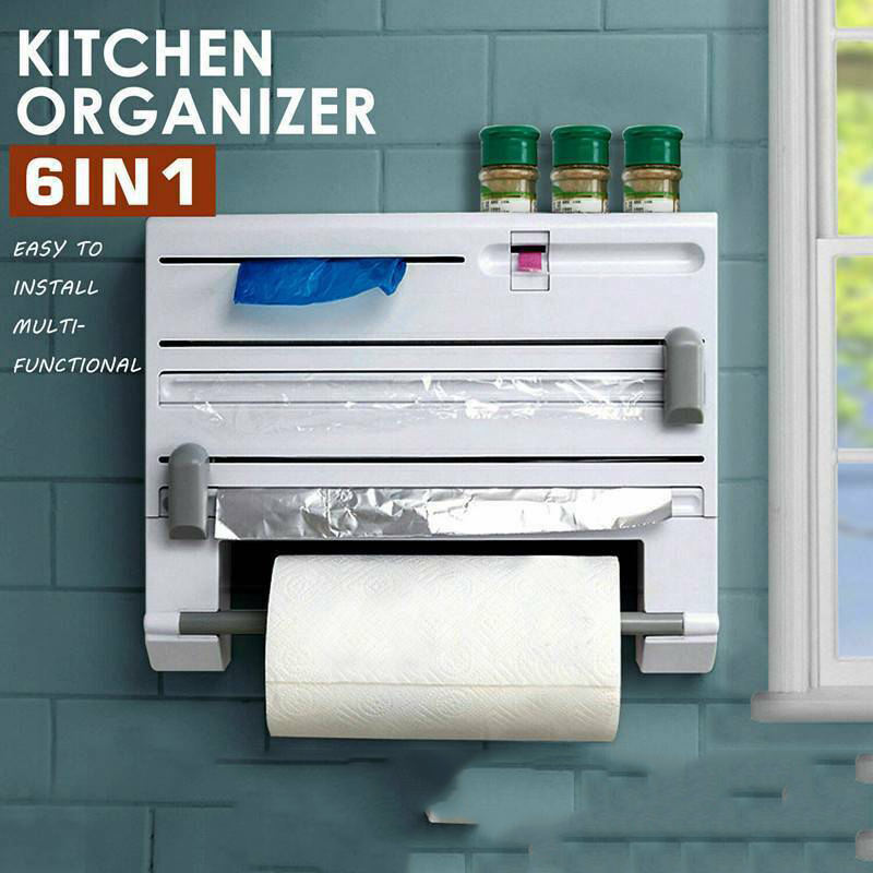 6 in 1 Kitchen Roll Dispenser Wall Mounted Foil Film Paper Cutter Organizer