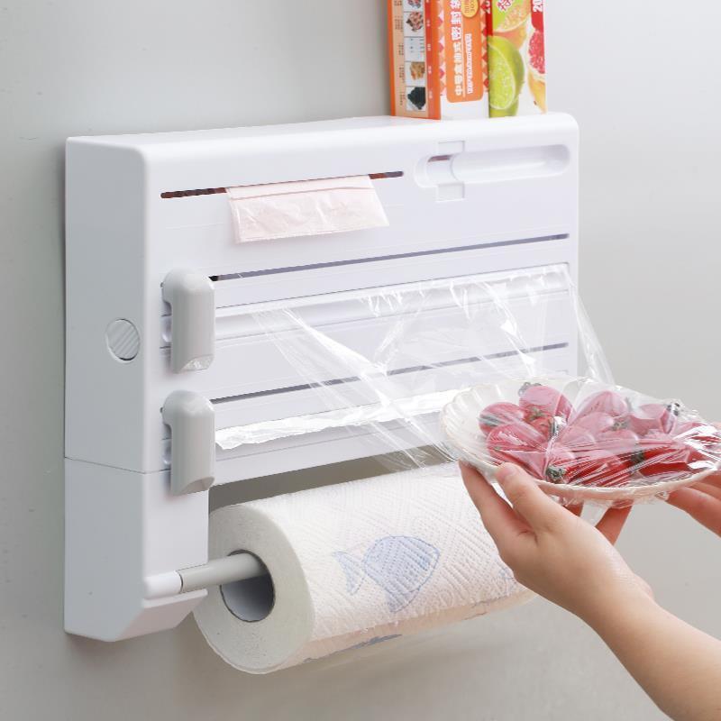 6 in 1 Kitchen Roll Dispenser Wall Mounted Foil Film Paper Cutter Organizer