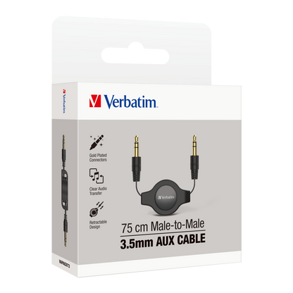 Verbatim Retractable 3.5mm Aux Audio Cable for Car and Home Audio Systems