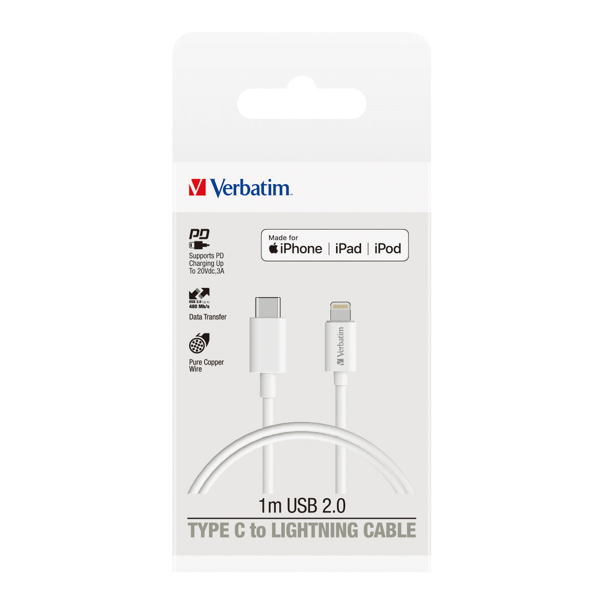 Verbatim 1m Lightning to USB-C Cable Fast Charge Sync White