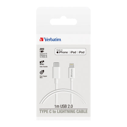 Verbatim 1m Lightning to USB-C Cable Fast Charge Sync White