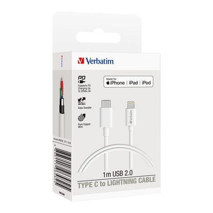 Verbatim 1m Lightning to USB-C Cable Fast Charge Sync White