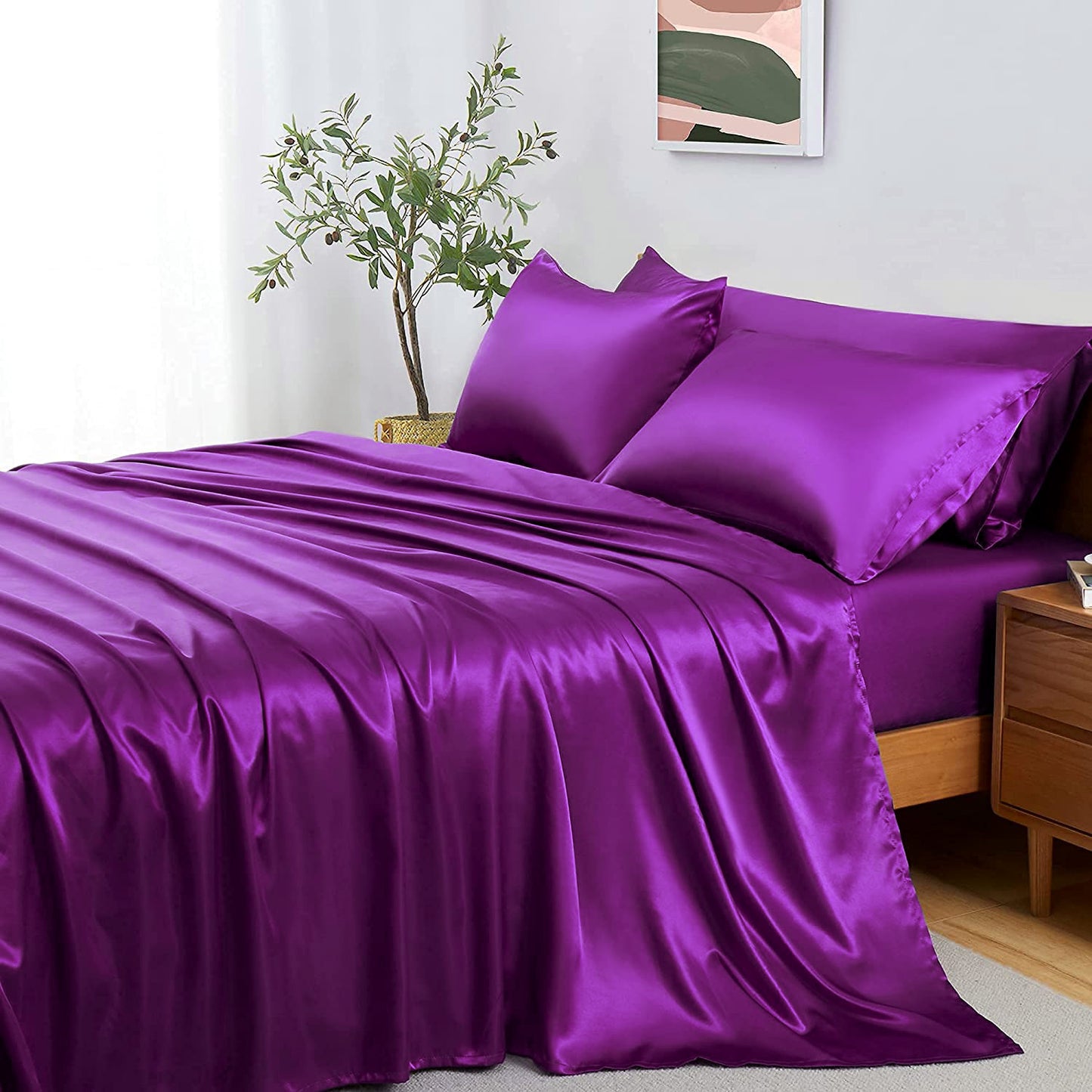 Queen Silky Satin Bed Sheets Set Soft and Smooth Purple