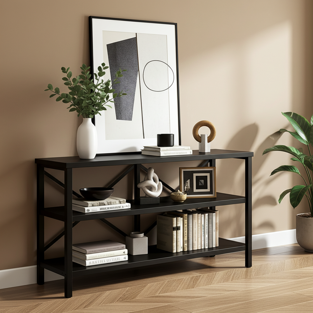 Industrial Console Table TV Stand Bookcase Storage Shelf Unit (Black)