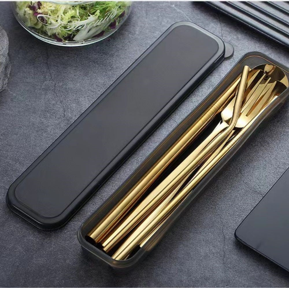 Premium 9PC Stainless Steel Travel Cutlery Set 9PC Portable Knife Fork Spoon Straws Gold