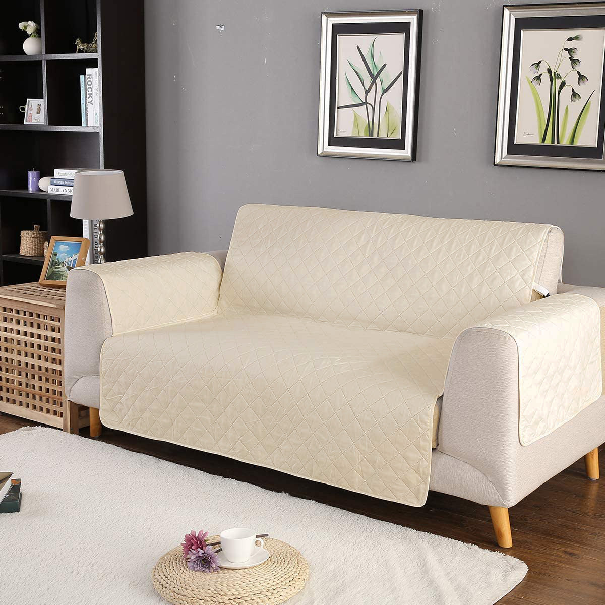 2-Seater Quilted Sofa Slipcover Water Resistant Furniture Protector Cream