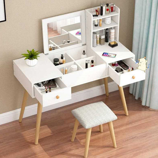 Elegant Vanity Table with Mirror Stool and Storage Shelves Set White