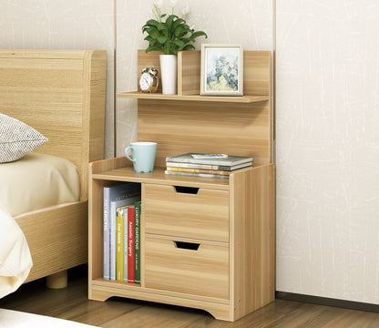 Elegant Oak Bedside Table with Drawers and Shelf