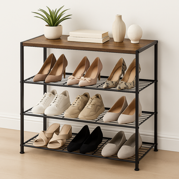 4-Tier Rustic Wood Metal Shoe Rack Entryway Storage Shelf Organiser Stand