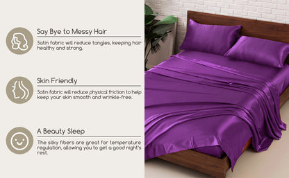 King Size Silky Satin Bed Sheet Set Luxurious Soft Bedding Purple