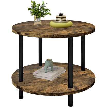 Rustic Wood & Metal Round Coffee Table with Storage Shelf Wood & Metal