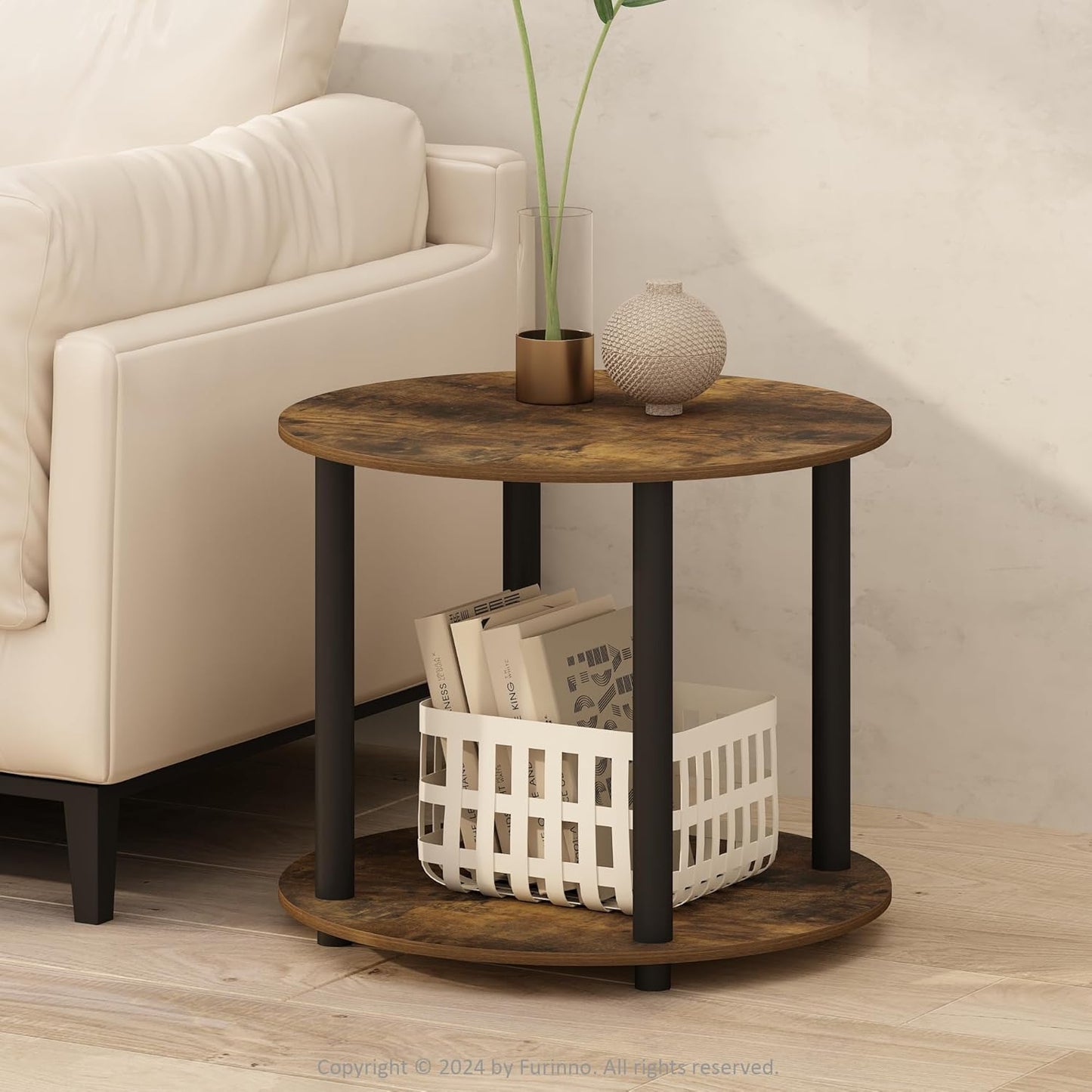 Rustic Wood & Metal Round Coffee Table with Storage Shelf Wood & Metal