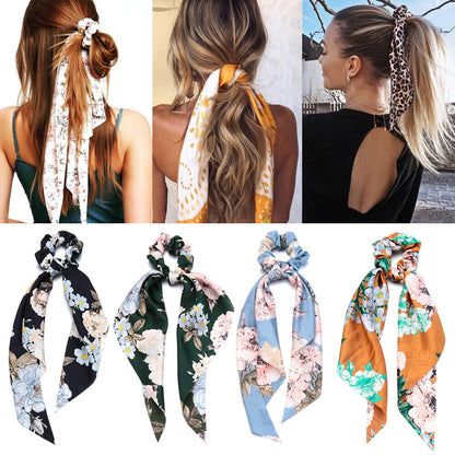 Silky Satin Floral Hair Scarf Scrunchies Ponytail Bow Hairband Headwear