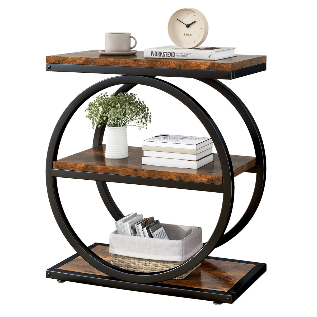 3-Tier Industrial Rustic Side End Table with Circular Steel Frame