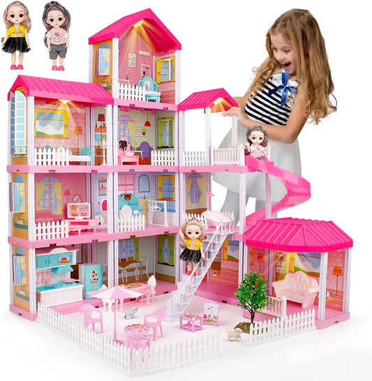 4-Level Dreamhouse Castle Dollhouse with Furniture and Dolls for Kids