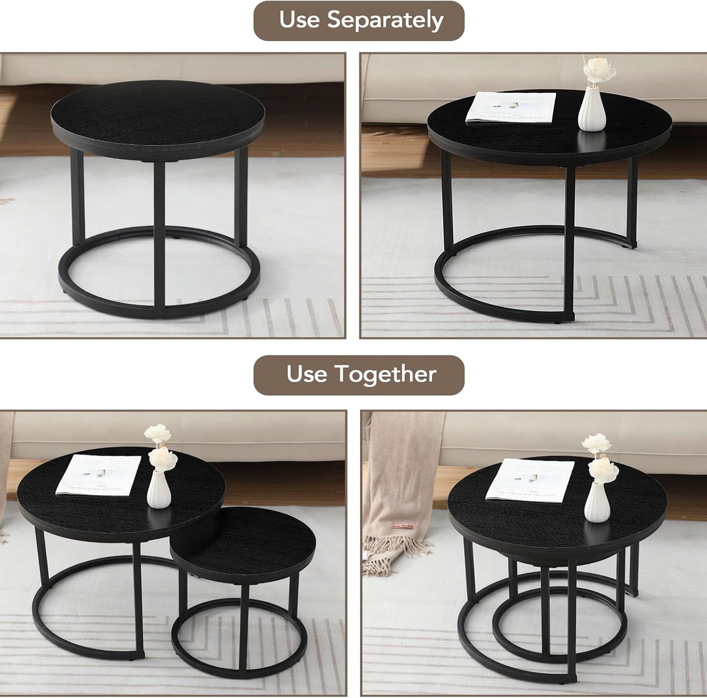 Stylish Black Nesting Coffee Tables Modern Living Room Furniture Set