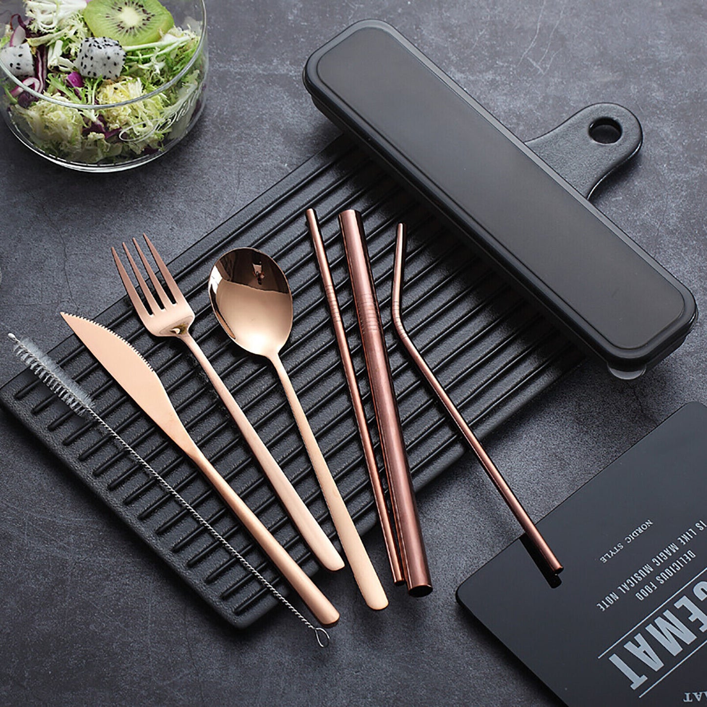 Premium 9PC Stainless Steel Travel Cutlery Set Rose Gold